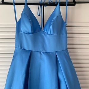 Sky blue prom dress skinny strap floor length